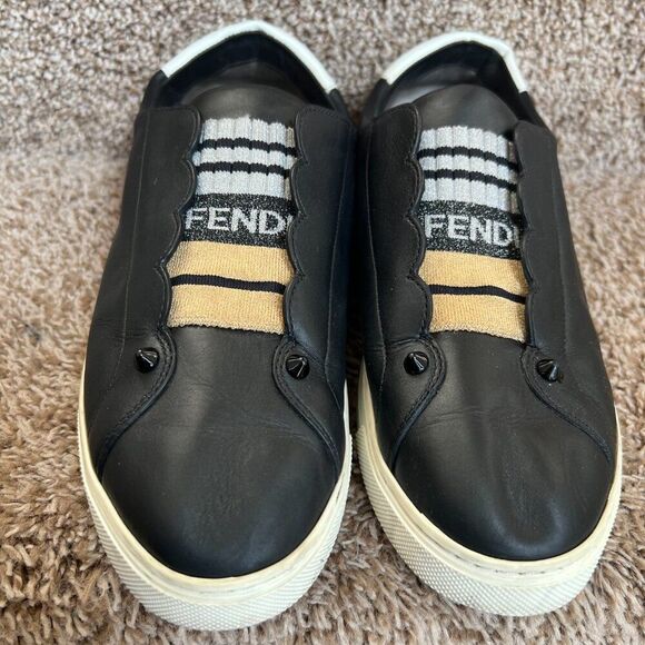 Fendi Shoes - Fendi Black Leather Rockoko Slip-On Sneakers Size 8.5